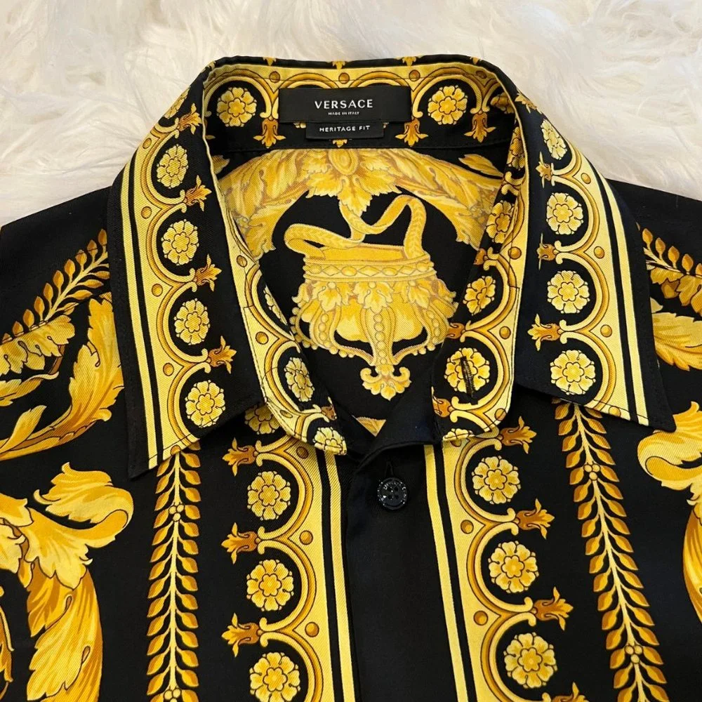 VERSACE BARROCCO SILK TWILL SHIRT IN BLACK + GOLD - Picture 6 of 8